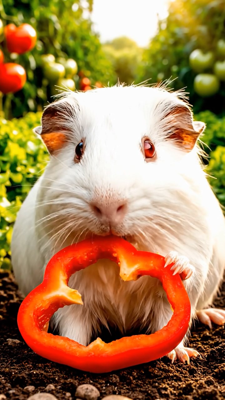 371. Highly detailed view of 1 smooth-haired Himalayan guinea pig with White fur, munching on bell peppers, in a vibrant vegetable garden with rows of tomatoes and lettuce, under bright sunlight, creating a realistic, colorful rural scene.
