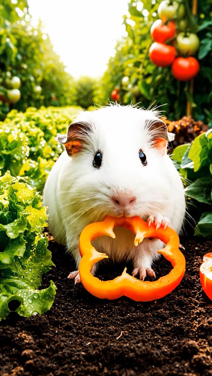 371. Highly detailed view of 1 smooth-haired Himalayan guinea pig with White fur, munching on bell peppers, in a vibrant vegetable garden with rows of tomatoes and lettuce, under bright sunlight, creating a realistic, colorful rural scene.