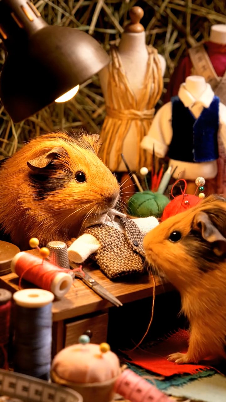 372. Realistic scene of 2 smooth-haired Californian guinea pigs with Orange and Black fur, dressed as tailors in tiny vests, sewing miniature shirts in a guinea pig atelier with colorful fabrics and hay mannequins, under warm lamplight, enhancing the lifelike, creative atmosphere.
