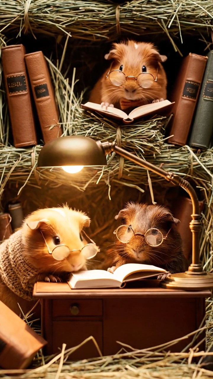374. Photorealistic scene of 4 smooth-haired Teddy guinea pigs with Fawn, Chocolate, Cinnamon, and Sable fur, dressed as librarians in tiny glasses, reading stories in a guinea pig library with hay shelves and soft lamplight, capturing a realistic, cozy moment.