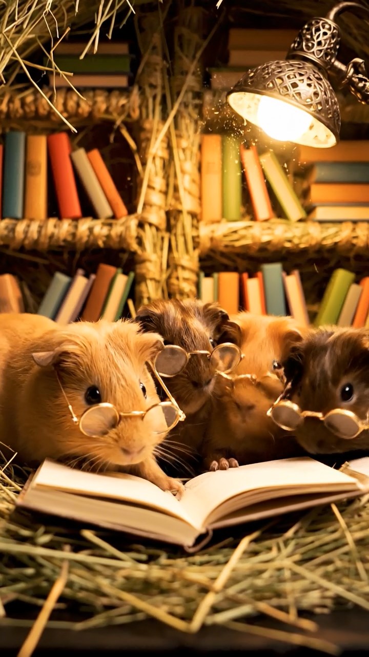 374. Photorealistic scene of 4 smooth-haired Teddy guinea pigs with Fawn, Chocolate, Cinnamon, and Sable fur, dressed as librarians in tiny glasses, reading stories in a guinea pig library with hay shelves and soft lamplight, capturing a realistic, cozy moment.