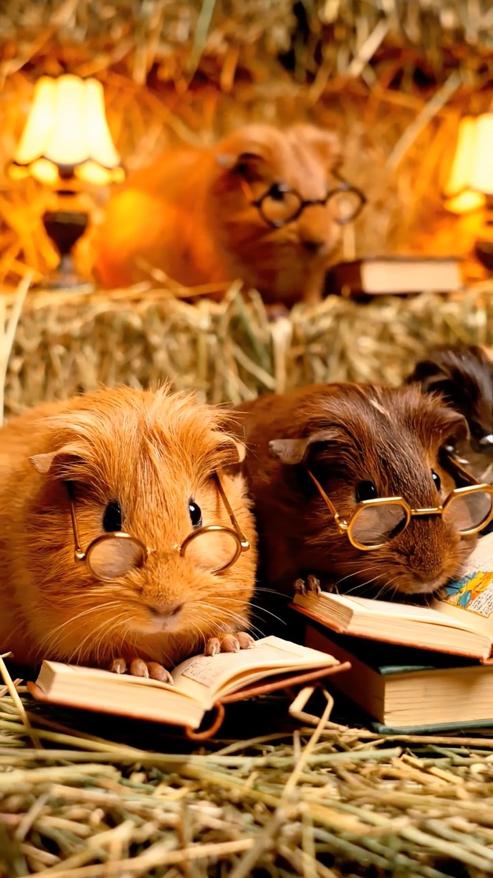 374. Photorealistic scene of 4 smooth-haired Teddy guinea pigs with Fawn, Chocolate, Cinnamon, and Sable fur, dressed as librarians in tiny glasses, reading stories in a guinea pig library with hay shelves and soft lamplight, capturing a realistic, cozy moment.