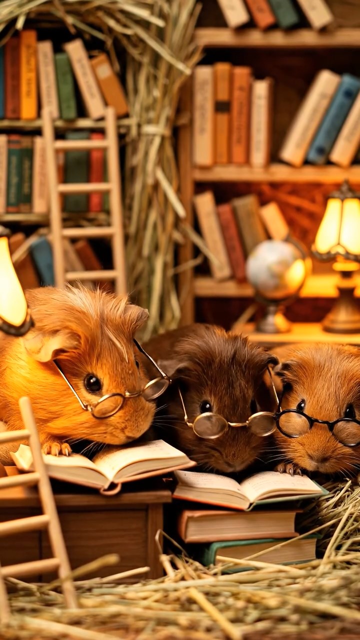 374. Photorealistic scene of 4 smooth-haired Teddy guinea pigs with Fawn, Chocolate, Cinnamon, and Sable fur, dressed as librarians in tiny glasses, reading stories in a guinea pig library with hay shelves and soft lamplight, capturing a realistic, cozy moment.