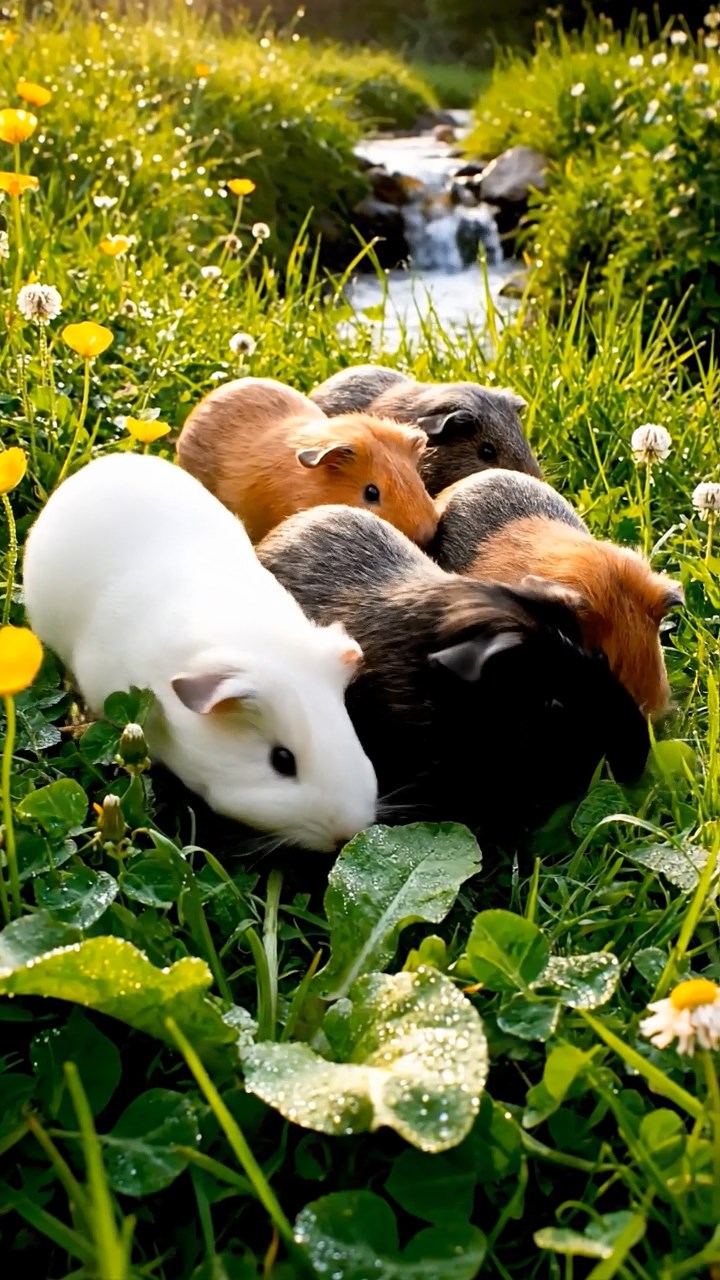 375. Highly detailed view of 5 smooth-haired Himalayan guinea pigs with White, Orange, Gray, Black, and Brown fur, foraging for wild herbs in a lush meadow with wildflowers and a babbling brook, under soft morning light, creating a realistic, serene pastoral scene.