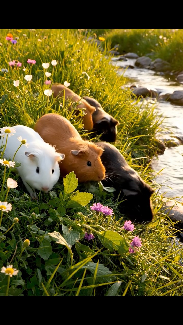 375. Highly detailed view of 5 smooth-haired Himalayan guinea pigs with White, Orange, Gray, Black, and Brown fur, foraging for wild herbs in a lush meadow with wildflowers and a babbling brook, under soft morning light, creating a realistic, serene pastoral scene.