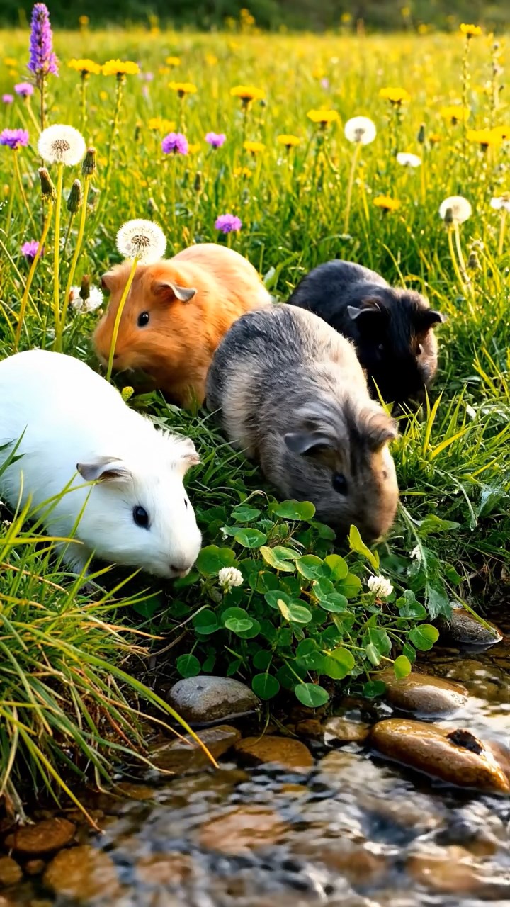 375. Highly detailed view of 5 smooth-haired Himalayan guinea pigs with White, Orange, Gray, Black, and Brown fur, foraging for wild herbs in a lush meadow with wildflowers and a babbling brook, under soft morning light, creating a realistic, serene pastoral scene.