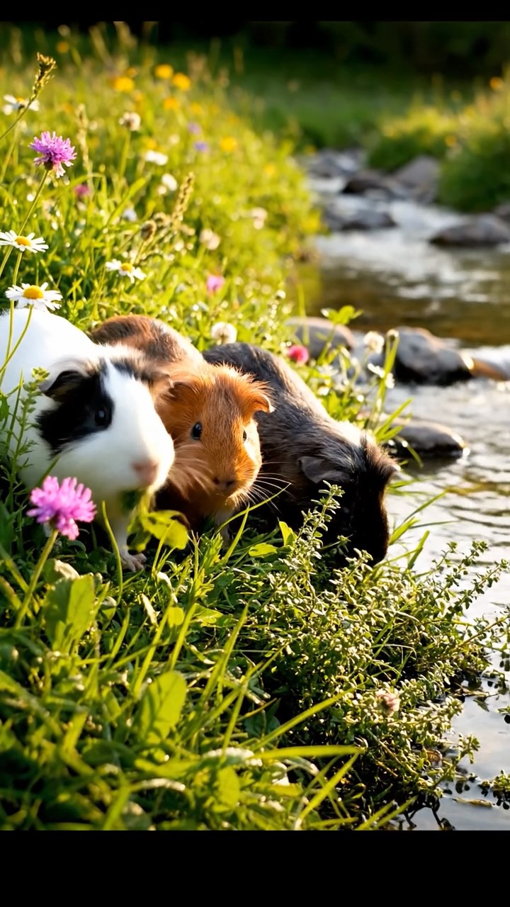 375. Highly detailed view of 5 smooth-haired Himalayan guinea pigs with White, Orange, Gray, Black, and Brown fur, foraging for wild herbs in a lush meadow with wildflowers and a babbling brook, under soft morning light, creating a realistic, serene pastoral scene.