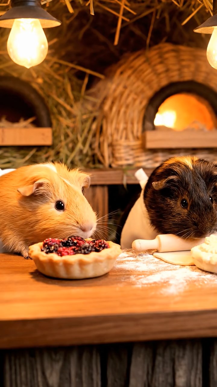 377. Detailed photo of 2 smooth-haired American guinea pigs with Fawn and Sable fur, dressed as bakers in tiny aprons, baking pies in a guinea pig bakery with hay ovens and wooden counters, under soft lamplight, creating a realistic, cozy culinary scene.