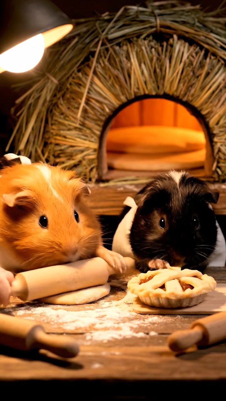 377. Detailed photo of 2 smooth-haired American guinea pigs with Fawn and Sable fur, dressed as bakers in tiny aprons, baking pies in a guinea pig bakery with hay ovens and wooden counters, under soft lamplight, creating a realistic, cozy culinary scene.