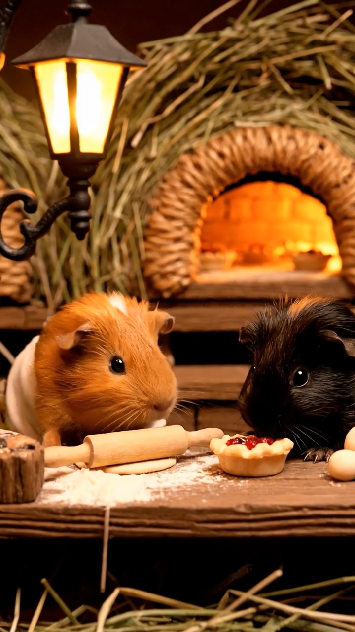 377. Detailed photo of 2 smooth-haired American guinea pigs with Fawn and Sable fur, dressed as bakers in tiny aprons, baking pies in a guinea pig bakery with hay ovens and wooden counters, under soft lamplight, creating a realistic, cozy culinary scene.