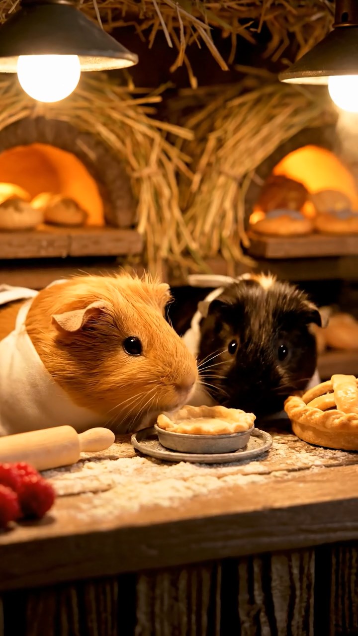 377. Detailed photo of 2 smooth-haired American guinea pigs with Fawn and Sable fur, dressed as bakers in tiny aprons, baking pies in a guinea pig bakery with hay ovens and wooden counters, under soft lamplight, creating a realistic, cozy culinary scene.