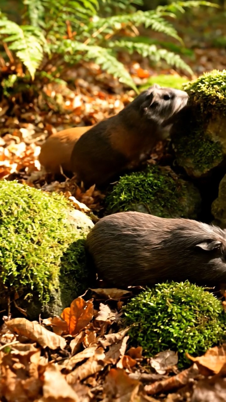 378. Photorealistic scene of 3 smooth-haired Teddy guinea pigs with Chocolate, Cinnamon, and Gray fur, climbing small rocks in a forested glade with soft moss and scattered leaves, under dappled sunlight, enhancing the authentic, adventurous atmosphere.