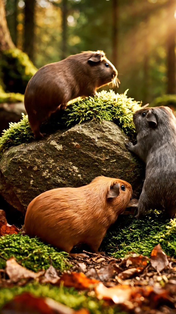 378. Photorealistic scene of 3 smooth-haired Teddy guinea pigs with Chocolate, Cinnamon, and Gray fur, climbing small rocks in a forested glade with soft moss and scattered leaves, under dappled sunlight, enhancing the authentic, adventurous atmosphere.