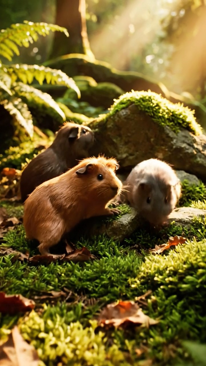 378. Photorealistic scene of 3 smooth-haired Teddy guinea pigs with Chocolate, Cinnamon, and Gray fur, climbing small rocks in a forested glade with soft moss and scattered leaves, under dappled sunlight, enhancing the authentic, adventurous atmosphere.
