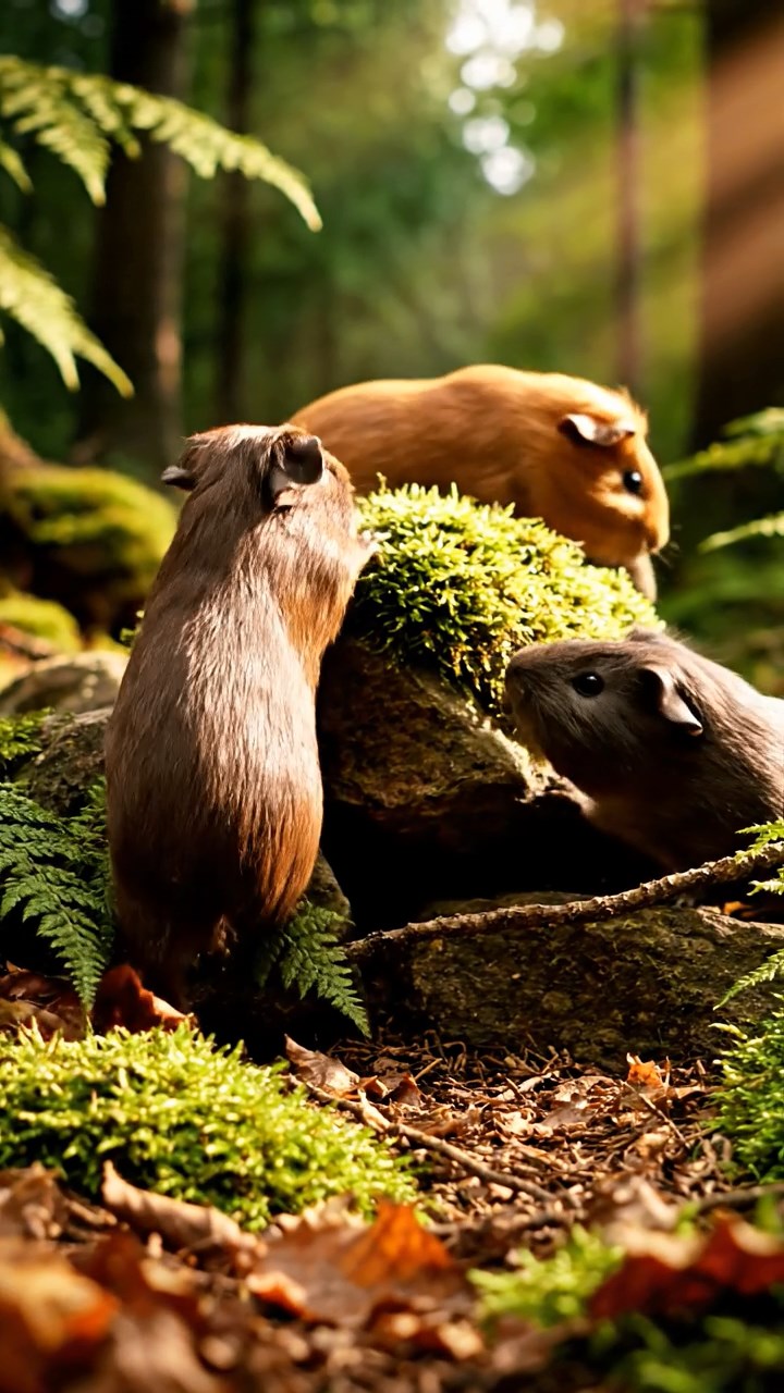 378. Photorealistic scene of 3 smooth-haired Teddy guinea pigs with Chocolate, Cinnamon, and Gray fur, climbing small rocks in a forested glade with soft moss and scattered leaves, under dappled sunlight, enhancing the authentic, adventurous atmosphere.