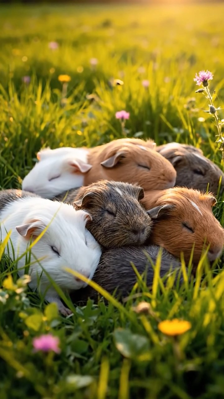 380. Realistic scene of 5 smooth-haired Californian guinea pigs with Cream, Fawn, Sable, Gray, and Cinnamon fur, sleeping in a cozy pile in a lush meadow with wildflowers and a gentle breeze, under golden sunlight, capturing a lifelike, tranquil group moment.