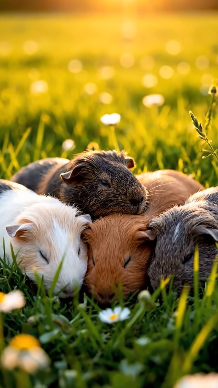 380. Realistic scene of 5 smooth-haired Californian guinea pigs with Cream, Fawn, Sable, Gray, and Cinnamon fur, sleeping in a cozy pile in a lush meadow with wildflowers and a gentle breeze, under golden sunlight, capturing a lifelike, tranquil group moment.