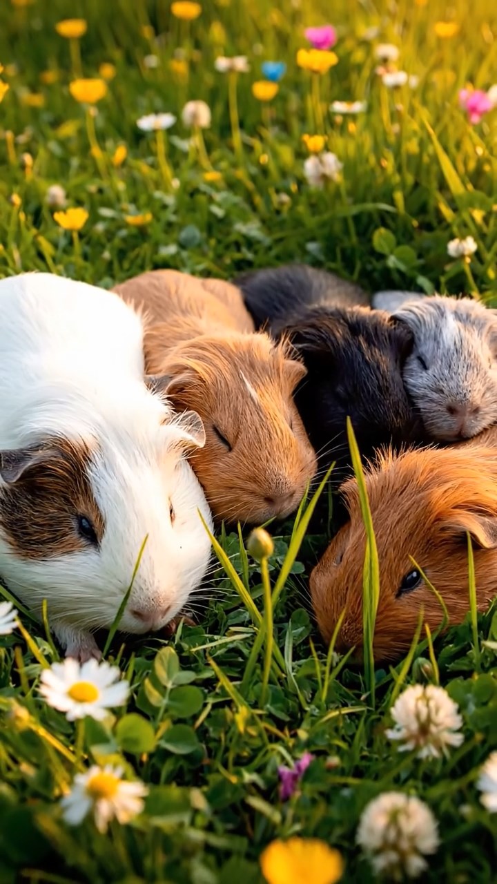 380. Realistic scene of 5 smooth-haired Californian guinea pigs with Cream, Fawn, Sable, Gray, and Cinnamon fur, sleeping in a cozy pile in a lush meadow with wildflowers and a gentle breeze, under golden sunlight, capturing a lifelike, tranquil group moment.