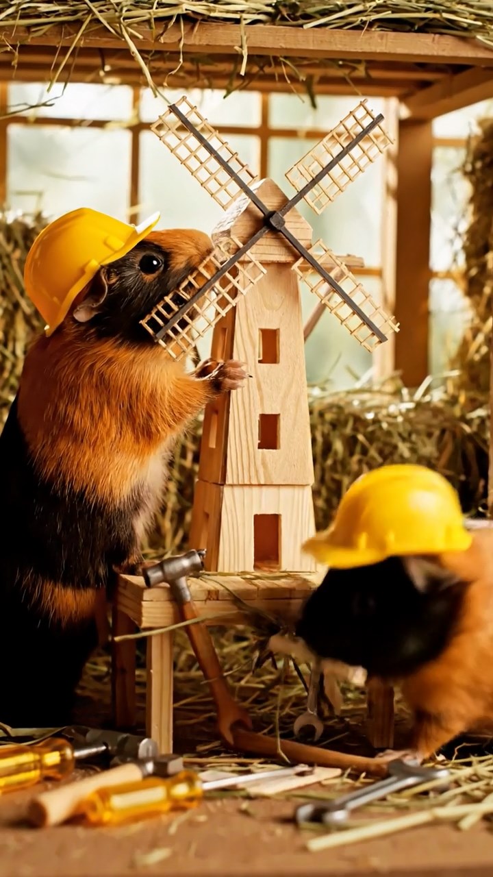 382. Photorealistic scene of 2 smooth-haired Teddy guinea pigs with Orange and Black fur, dressed as engineers in tiny helmets, building a miniature windmill in a guinea pig workshop with hay beams and tools, under bright daylight, enhancing the lifelike, industrious atmosphere.