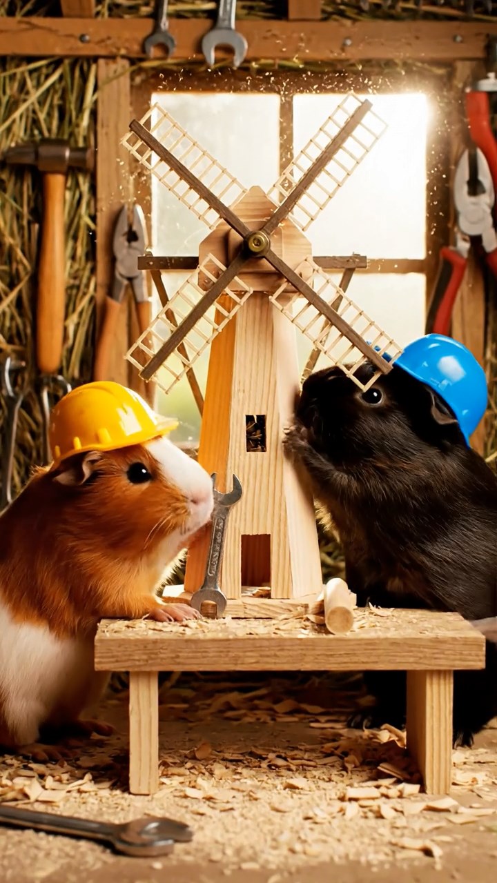 382. Photorealistic scene of 2 smooth-haired Teddy guinea pigs with Orange and Black fur, dressed as engineers in tiny helmets, building a miniature windmill in a guinea pig workshop with hay beams and tools, under bright daylight, enhancing the lifelike, industrious atmosphere.