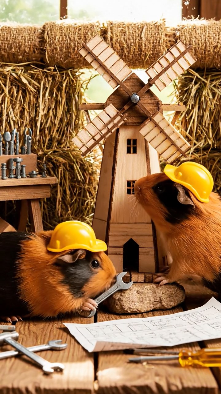 382. Photorealistic scene of 2 smooth-haired Teddy guinea pigs with Orange and Black fur, dressed as engineers in tiny helmets, building a miniature windmill in a guinea pig workshop with hay beams and tools, under bright daylight, enhancing the lifelike, industrious atmosphere.