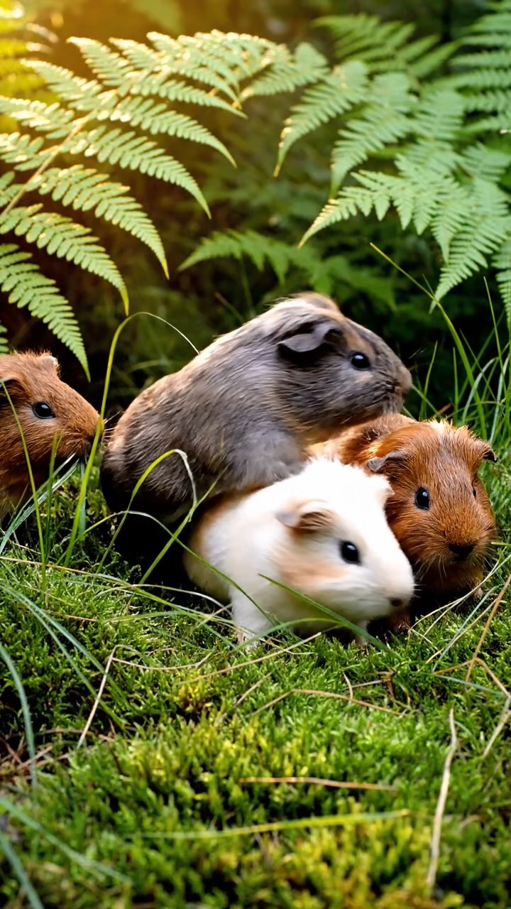 383. Highly detailed view of 3 smooth-haired Himalayan guinea pigs with Gray, Cream, and Brown fur, mating in a secluded grassy clearing surrounded by tall ferns and soft moss, under gentle morning light, creating a realistic, intimate natural scene.