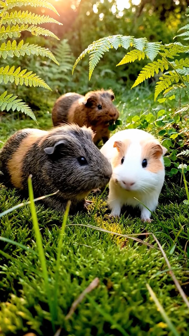 383. Highly detailed view of 3 smooth-haired Himalayan guinea pigs with Gray, Cream, and Brown fur, mating in a secluded grassy clearing surrounded by tall ferns and soft moss, under gentle morning light, creating a realistic, intimate natural scene.