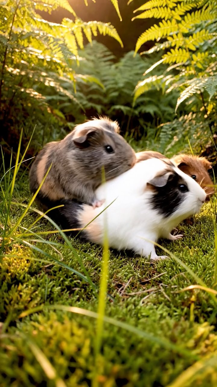 383. Highly detailed view of 3 smooth-haired Himalayan guinea pigs with Gray, Cream, and Brown fur, mating in a secluded grassy clearing surrounded by tall ferns and soft moss, under gentle morning light, creating a realistic, intimate natural scene.