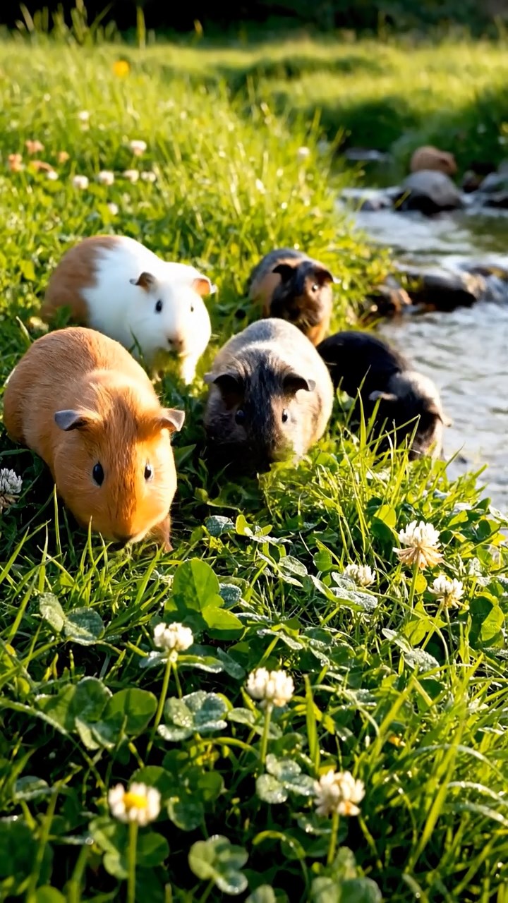 385. Detailed photo of 5 smooth-haired American guinea pigs with White, Orange, Gray, Black, and Brown fur, foraging for clover in a lush meadow with wildflowers and a trickling stream, under soft morning light, creating a realistic, serene pastoral scene.