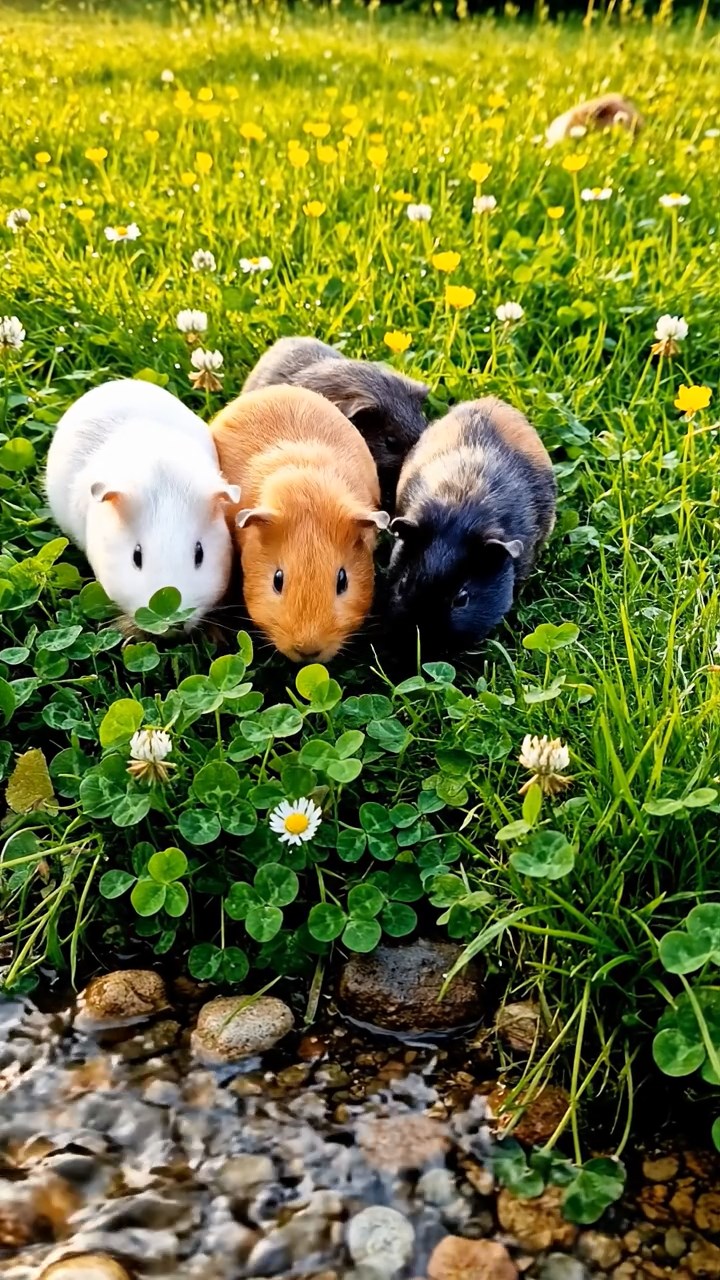 385. Detailed photo of 5 smooth-haired American guinea pigs with White, Orange, Gray, Black, and Brown fur, foraging for clover in a lush meadow with wildflowers and a trickling stream, under soft morning light, creating a realistic, serene pastoral scene.