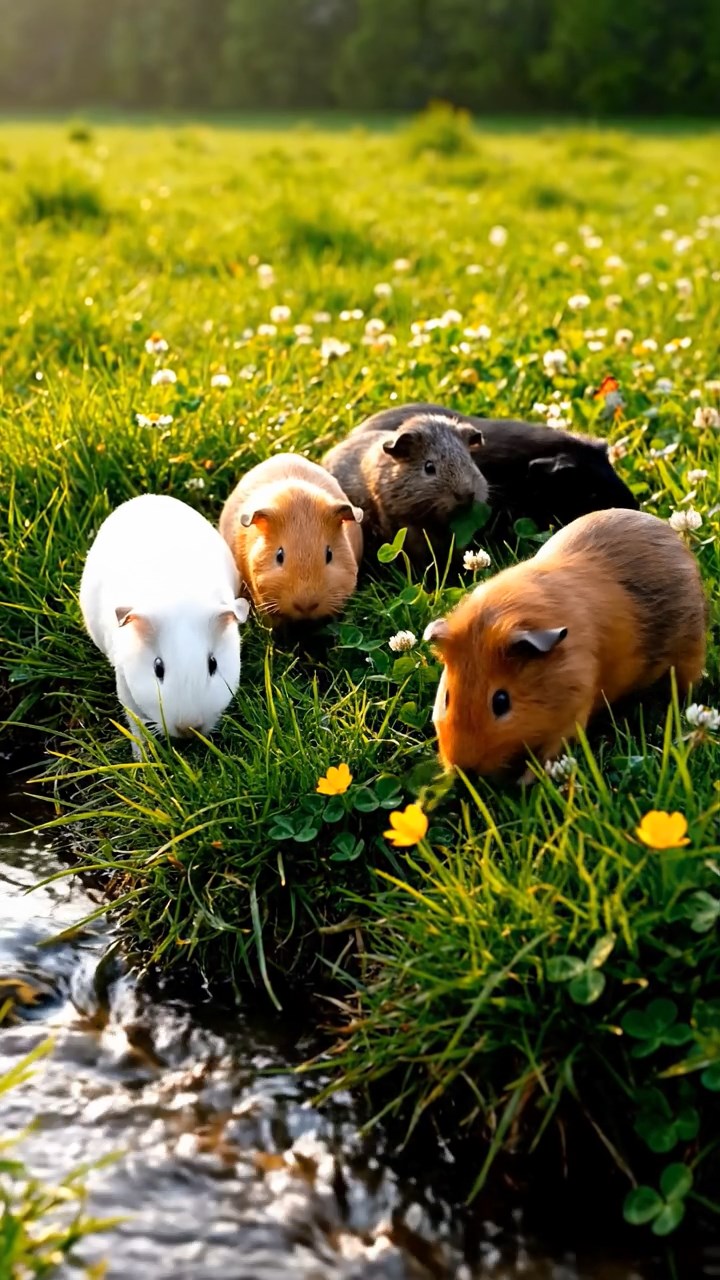 385. Detailed photo of 5 smooth-haired American guinea pigs with White, Orange, Gray, Black, and Brown fur, foraging for clover in a lush meadow with wildflowers and a trickling stream, under soft morning light, creating a realistic, serene pastoral scene.