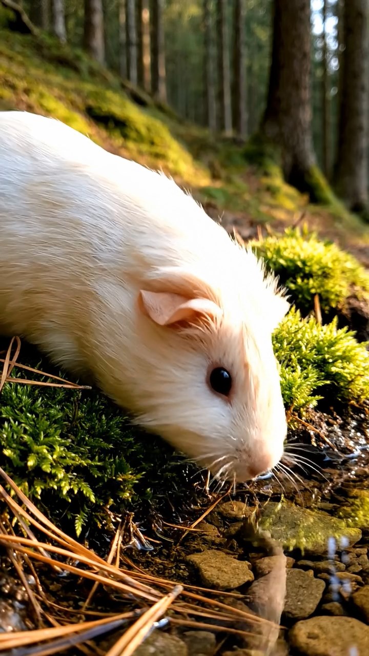386. Photorealistic scene of 1 smooth-haired Teddy guinea pig with Cream fur, drinking from a clear stream, on a forested slope with pine needles and moss, under dappled sunlight, capturing a serene, lifelike moment of natural hydration.