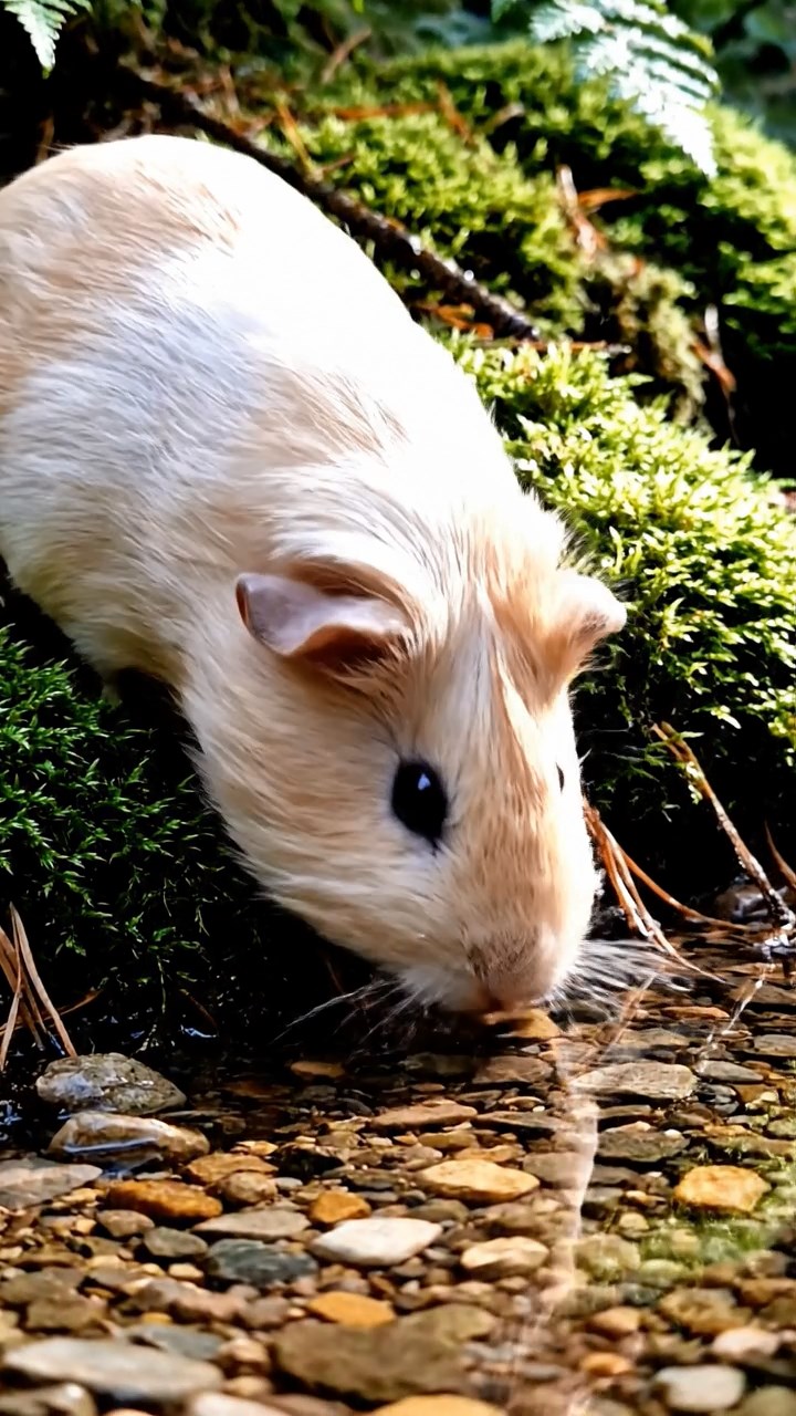386. Photorealistic scene of 1 smooth-haired Teddy guinea pig with Cream fur, drinking from a clear stream, on a forested slope with pine needles and moss, under dappled sunlight, capturing a serene, lifelike moment of natural hydration.
