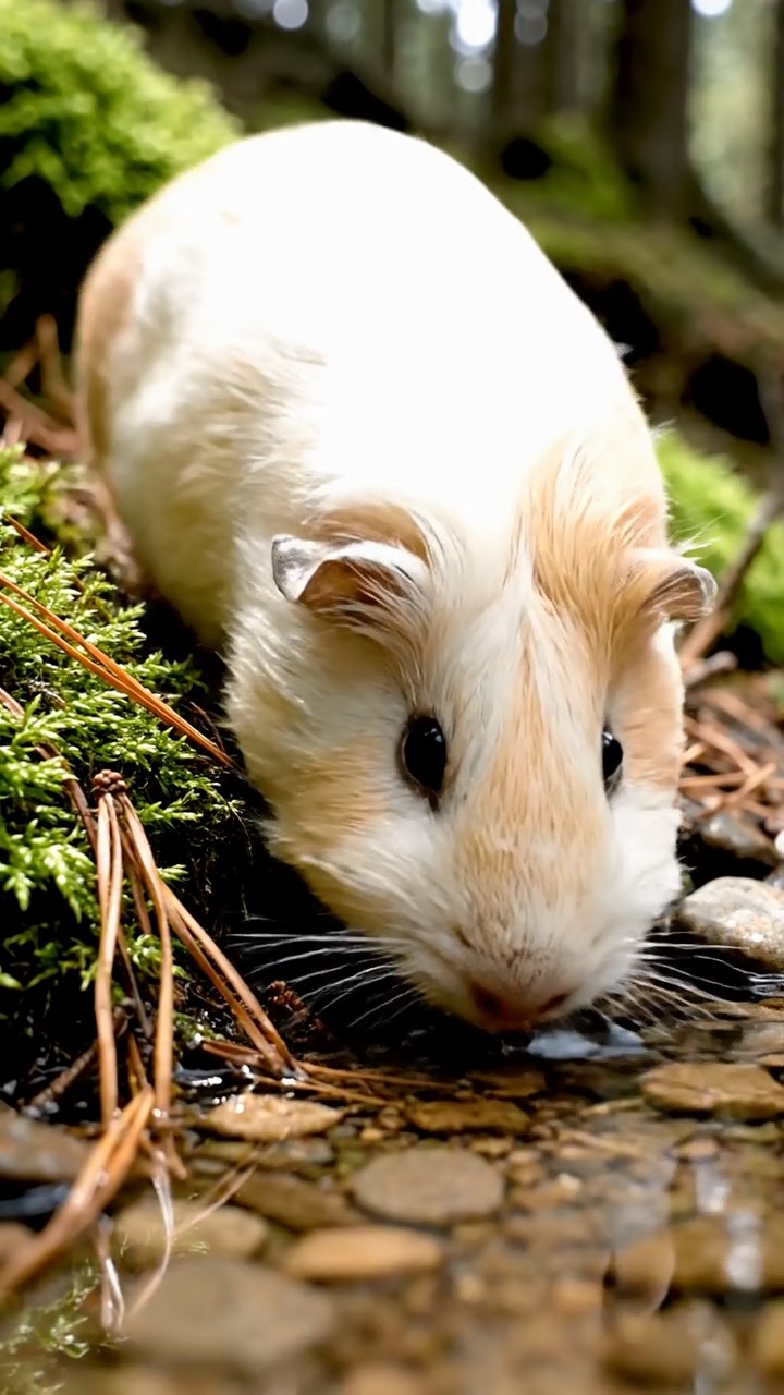386. Photorealistic scene of 1 smooth-haired Teddy guinea pig with Cream fur, drinking from a clear stream, on a forested slope with pine needles and moss, under dappled sunlight, capturing a serene, lifelike moment of natural hydration.