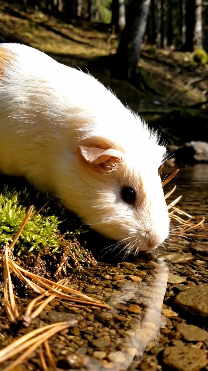 386. Photorealistic scene of 1 smooth-haired Teddy guinea pig with Cream fur, drinking from a clear stream, on a forested slope with pine needles and moss, under dappled sunlight, capturing a serene, lifelike moment of natural hydration.
