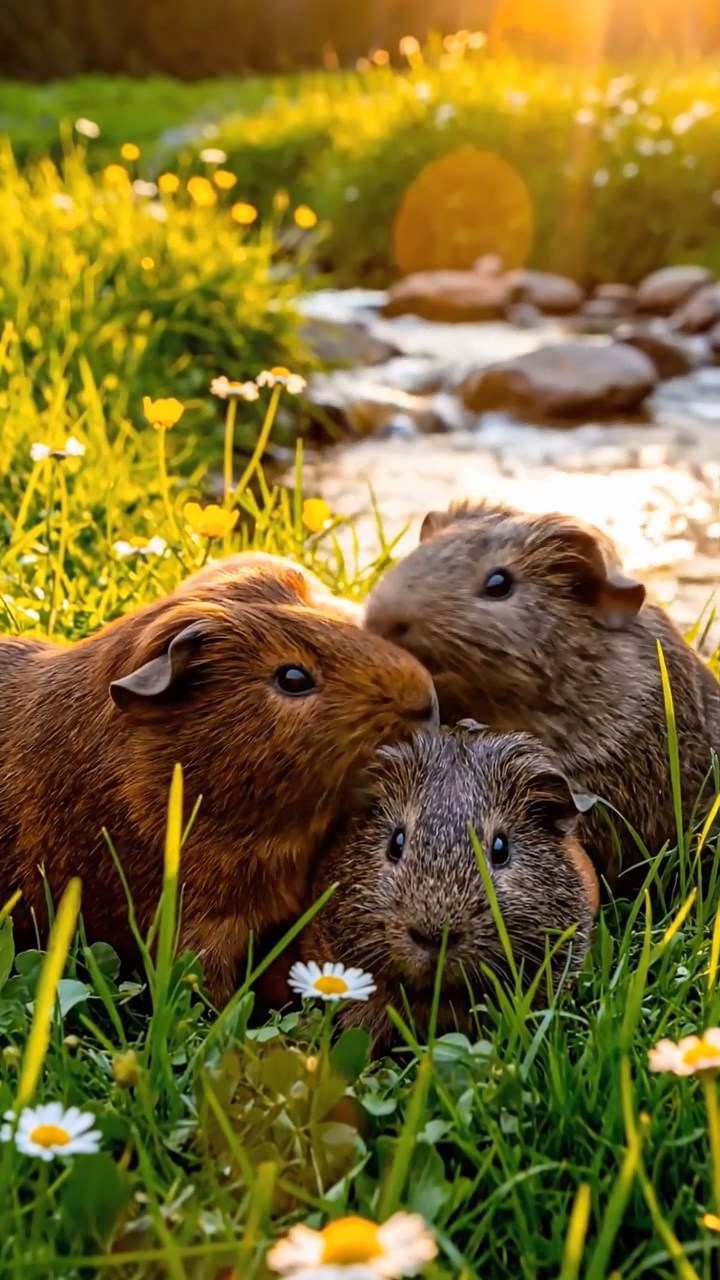 388. Realistic scene of 3 smooth-haired Californian guinea pigs with Chocolate, Cinnamon, and Gray fur, grooming each other in a lush meadow with scattered wildflowers and a babbling brook, under golden sunlight, enhancing the authentic, social atmosphere.