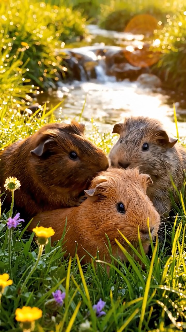 388. Realistic scene of 3 smooth-haired Californian guinea pigs with Chocolate, Cinnamon, and Gray fur, grooming each other in a lush meadow with scattered wildflowers and a babbling brook, under golden sunlight, enhancing the authentic, social atmosphere.
