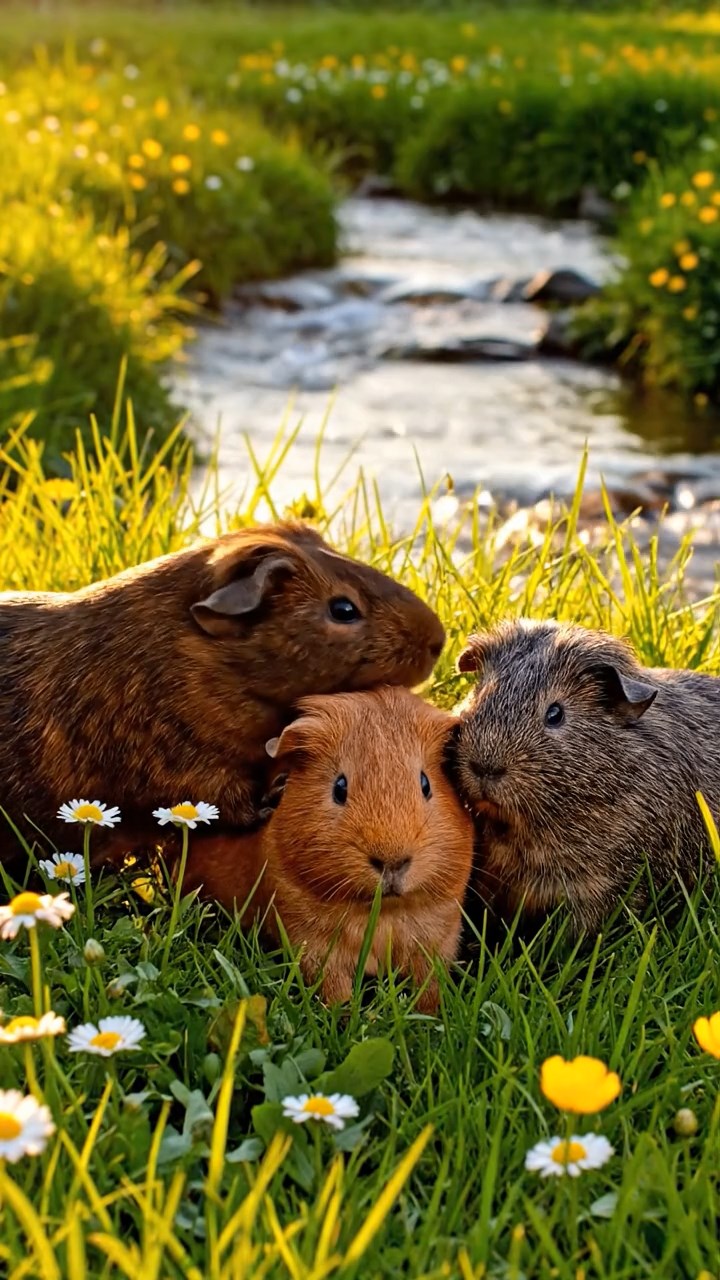 388. Realistic scene of 3 smooth-haired Californian guinea pigs with Chocolate, Cinnamon, and Gray fur, grooming each other in a lush meadow with scattered wildflowers and a babbling brook, under golden sunlight, enhancing the authentic, social atmosphere.
