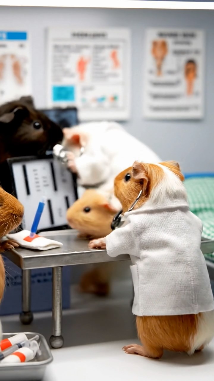 389. Detailed photo of 4 smooth-haired American guinea pigs with White, Orange, Black, and Brown fur, dressed as doctors in tiny white coats, performing check-ups in a guinea pig hospital with miniature beds and medical charts, under bright lights, creating a vivid, lifelike medical scene.