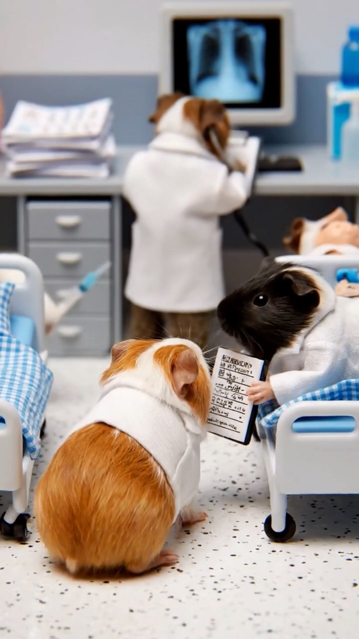 389. Detailed photo of 4 smooth-haired American guinea pigs with White, Orange, Black, and Brown fur, dressed as doctors in tiny white coats, performing check-ups in a guinea pig hospital with miniature beds and medical charts, under bright lights, creating a vivid, lifelike medical scene.