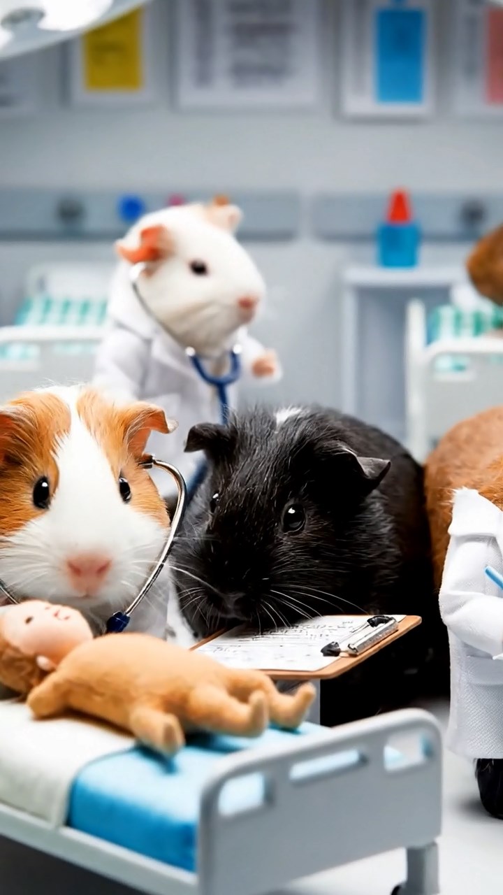 389. Detailed photo of 4 smooth-haired American guinea pigs with White, Orange, Black, and Brown fur, dressed as doctors in tiny white coats, performing check-ups in a guinea pig hospital with miniature beds and medical charts, under bright lights, creating a vivid, lifelike medical scene.