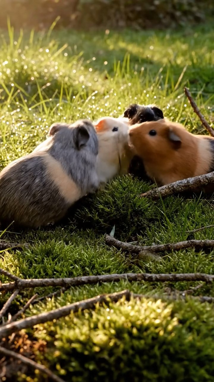 390. Photorealistic scene of 5 smooth-haired Teddy guinea pigs with Cream, Fawn, Sable, Gray, and Cinnamon fur, play-fighting in a grassy clearing with soft moss and scattered twigs, under gentle morning light, capturing a realistic, playful woodland moment.