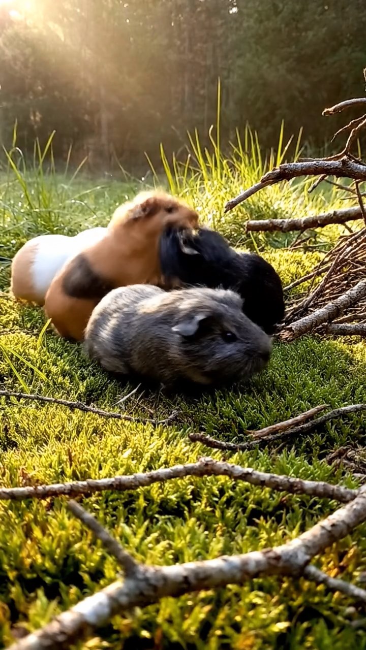 390. Photorealistic scene of 5 smooth-haired Teddy guinea pigs with Cream, Fawn, Sable, Gray, and Cinnamon fur, play-fighting in a grassy clearing with soft moss and scattered twigs, under gentle morning light, capturing a realistic, playful woodland moment.