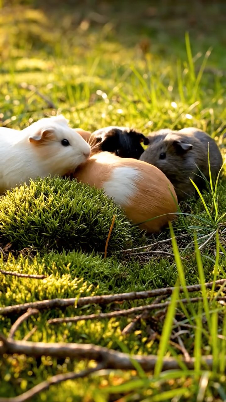 390. Photorealistic scene of 5 smooth-haired Teddy guinea pigs with Cream, Fawn, Sable, Gray, and Cinnamon fur, play-fighting in a grassy clearing with soft moss and scattered twigs, under gentle morning light, capturing a realistic, playful woodland moment.