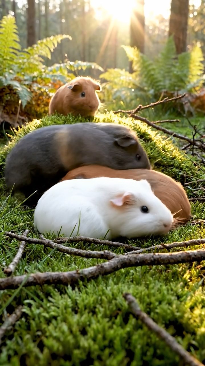 390. Photorealistic scene of 5 smooth-haired Teddy guinea pigs with Cream, Fawn, Sable, Gray, and Cinnamon fur, play-fighting in a grassy clearing with soft moss and scattered twigs, under gentle morning light, capturing a realistic, playful woodland moment.