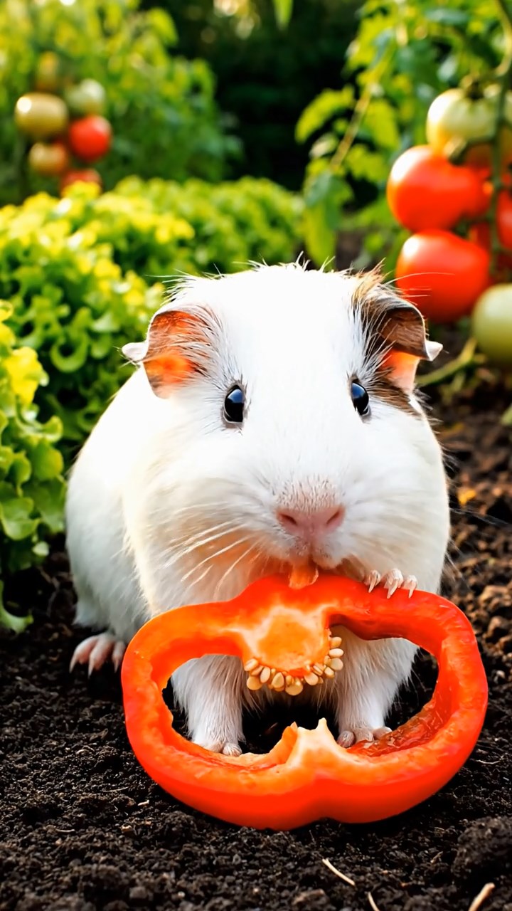 391. Highly detailed view of 1 smooth-haired Himalayan guinea pig with White fur, munching on bell peppers, in a vibrant vegetable garden with rows of tomatoes and lettuce, under bright sunlight, creating a realistic, colorful rural scene.