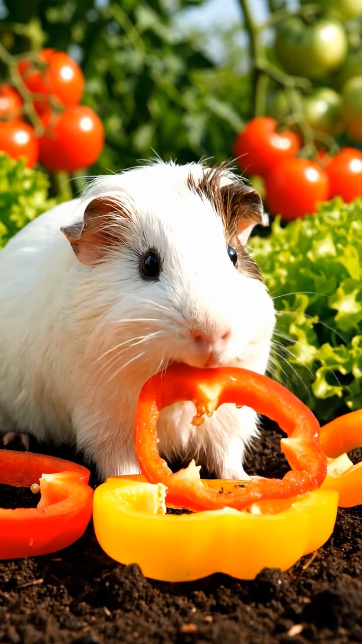 391. Highly detailed view of 1 smooth-haired Himalayan guinea pig with White fur, munching on bell peppers, in a vibrant vegetable garden with rows of tomatoes and lettuce, under bright sunlight, creating a realistic, colorful rural scene.