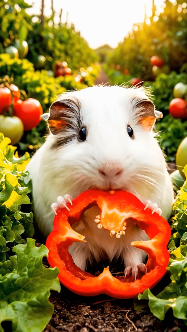 391. Highly detailed view of 1 smooth-haired Himalayan guinea pig with White fur, munching on bell peppers, in a vibrant vegetable garden with rows of tomatoes and lettuce, under bright sunlight, creating a realistic, colorful rural scene.