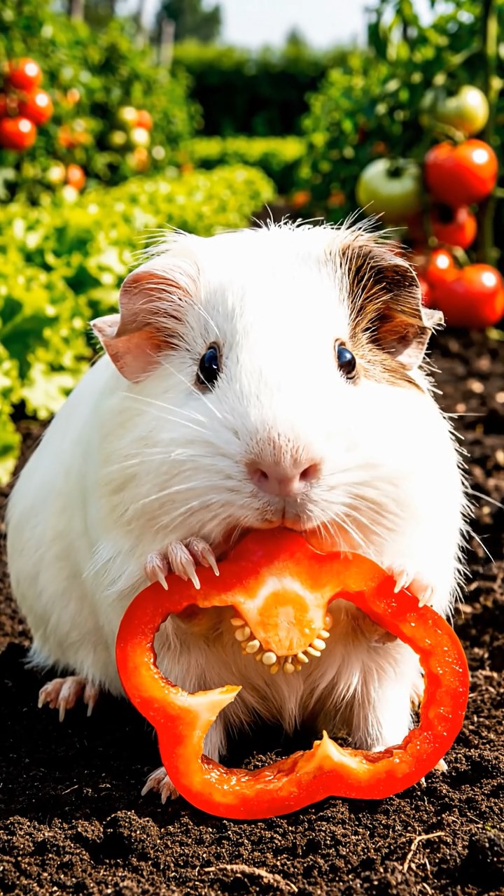 391. Highly detailed view of 1 smooth-haired Himalayan guinea pig with White fur, munching on bell peppers, in a vibrant vegetable garden with rows of tomatoes and lettuce, under bright sunlight, creating a realistic, colorful rural scene.