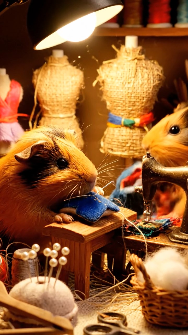 392. Realistic scene of 2 smooth-haired Californian guinea pigs with Orange and Black fur, dressed as tailors in tiny vests, sewing miniature vests in a guinea pig atelier with colorful fabrics and hay mannequins, under warm lamplight, enhancing the lifelike, creative atmosphere.